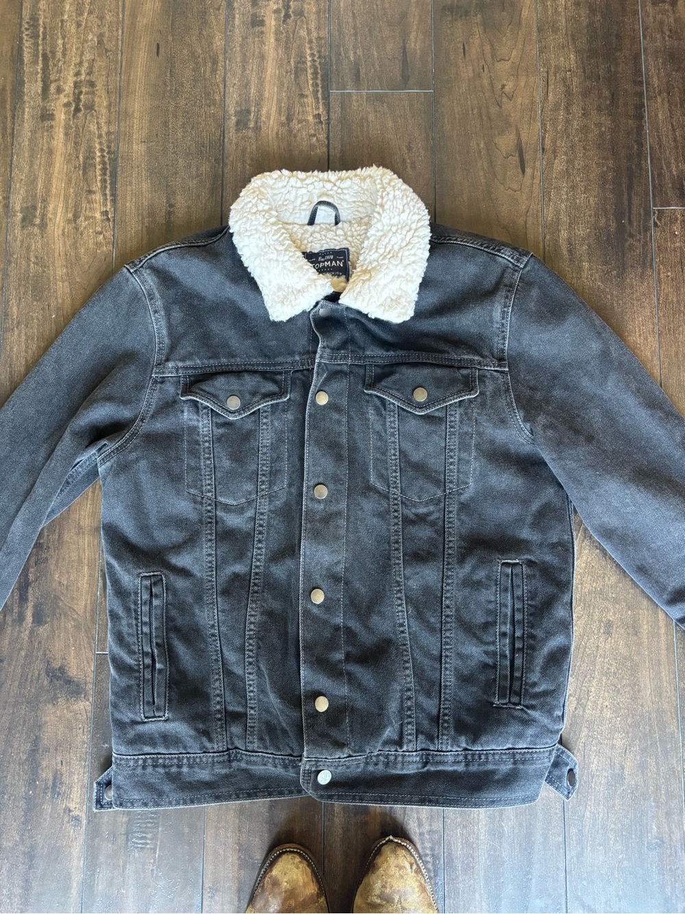 Topman Black Denim Jacket with Cream Sherpa Collar